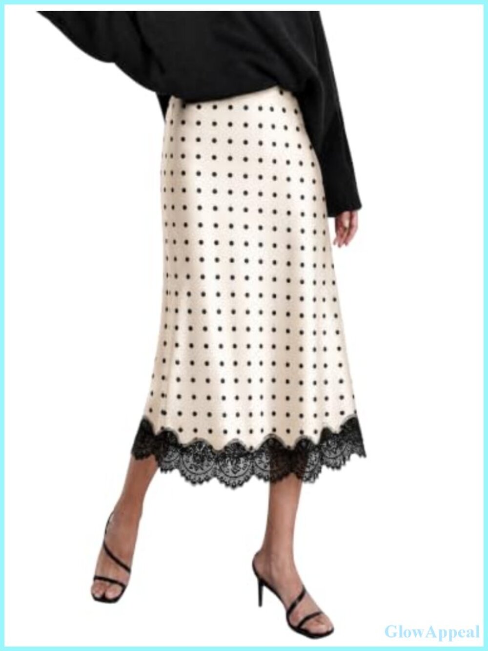 Women's A-Line Midi Skirt Lace Hem Satin High Waist Polka Dot